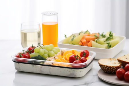 Lunchboxes with delicious food and glass of juice on white backgroundの素材