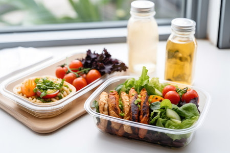 Lunchboxes with delicious food and glass of juice on white backgroundの素材