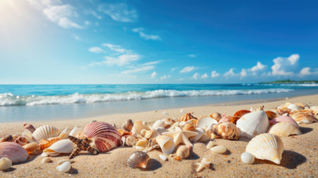 Seashells on the sandy seashoreの素材