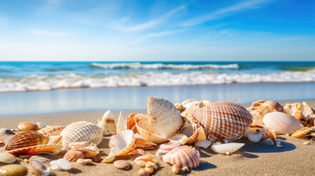 Seashells on the sandy seashoreの素材