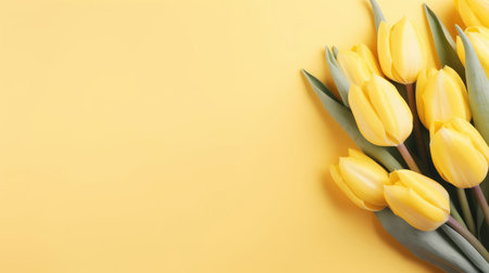 Greeting card of bouquet of yellow tulips on a pastel yellow background with copy spaceの素材