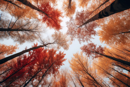 Red and yellow tops of trees leaving in perspectiveの素材