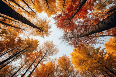 Red and yellow tops of trees leaving in perspectiveの素材