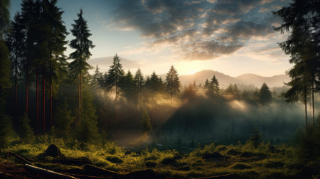 Panoramic view of sunbeams through the trees in the forestの素材