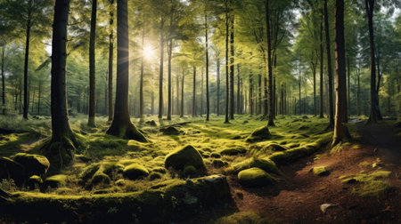 Panoramic view of sunbeams through the trees in the forestの素材