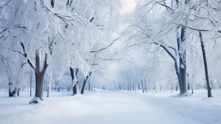 Beautiful winter landscape with snowy trees in the parkの素材