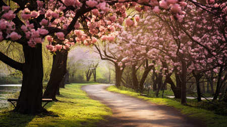 Beautiful spring landscape with flowering trees in the parkの素材