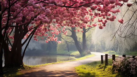 Beautiful spring landscape with flowering trees in the parkの素材