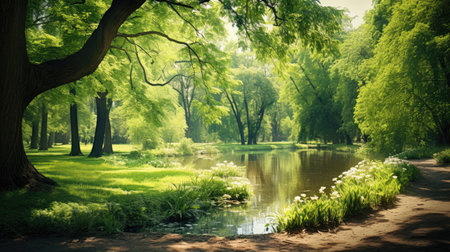 Beautiful summer landscape with green foliage in the parkの素材