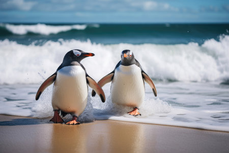 Couple of penguins on the shore in the waves of the Atlantic Oceanの素材
