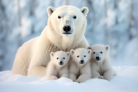 Polar bear with her cubes on a snowy backgroundの素材