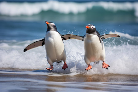 Couple of penguins on the shore in the waves of the Atlantic Oceanの素材