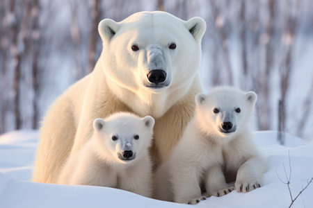 Polar bear with her cubes on a snowy backgroundの素材