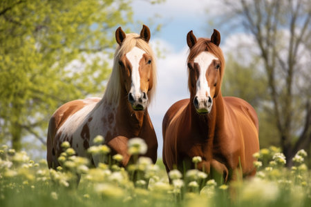 A pair of horses in the pastureの素材