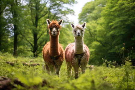 A pair of llamas in the green pastureの素材