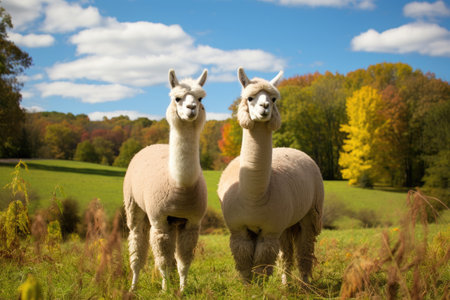 A pair of llamas in the green pastureの素材