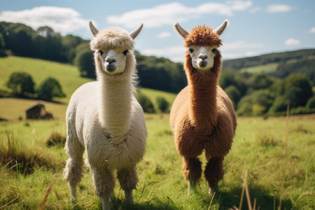 A pair of llamas in the green pastureの素材