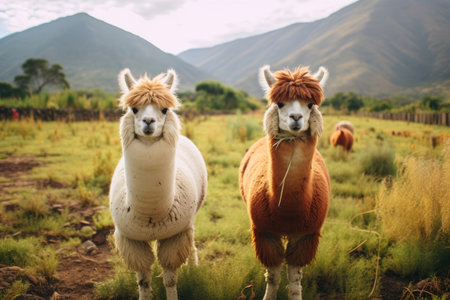 A pair of llamas in the green pastureの素材