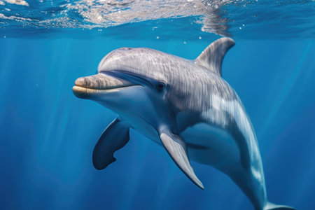 Dolphin in blue transparent water close-up