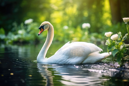 Beautiful white swan in a summer pondの素材