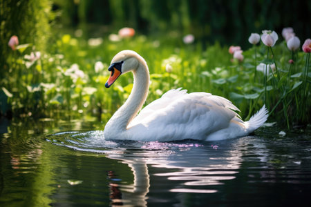 Beautiful white swan in a summer pondの素材