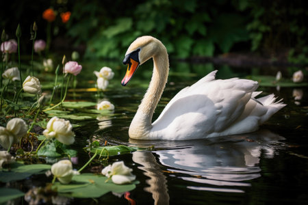 Beautiful white swan in a summer pondの素材