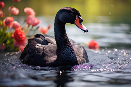 Beautiful black swan in a summer lakeの素材