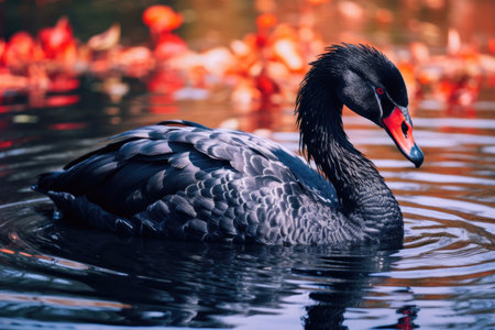 Beautiful black swan in a summer lakeの素材