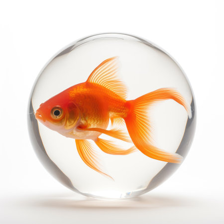 Round aquarium with a goldfish on a white backgroundの素材