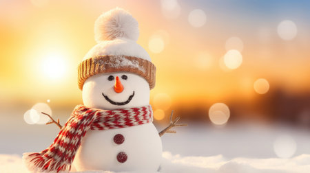 Christmas holiday banner of funny smiling snowman with wool hat and scarfの素材
