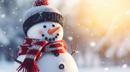 Christmas holiday banner of funny smiling snowman with wool hat and scarfの素材