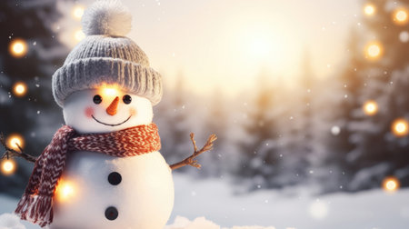 Christmas holiday banner of funny smiling snowman with wool hat and scarfの素材