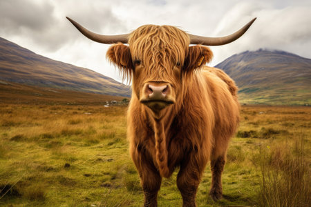 A highland cow scotland in a green fieldの素材