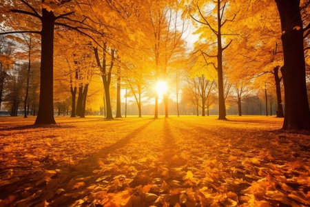 Golden autumn landscape with yellow trees and sunの素材