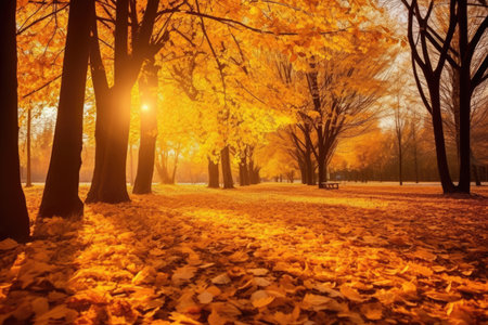 Golden autumn landscape with yellow trees and sunの素材