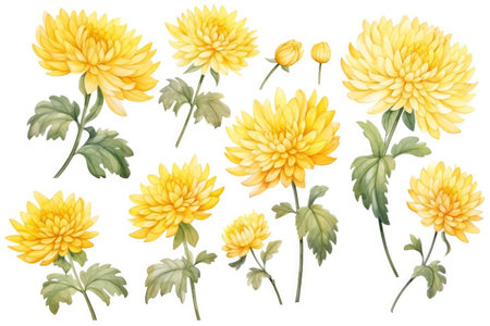 Watercolor image of a set of chrysanthemum flowers on a white backgroundの素材