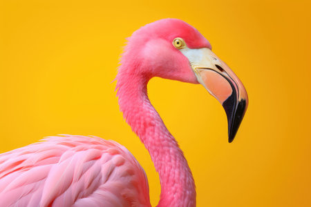 Pink flamingo on yellow background, side viewの素材
