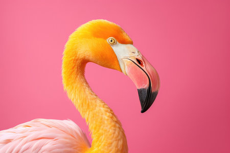 Yellow flamingo on pink background, side viewの素材