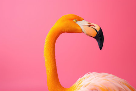 Yellow flamingo on pink background, side viewの素材