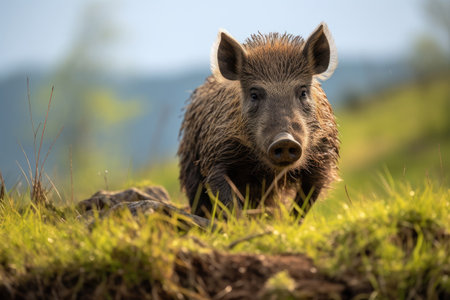 Wild Boar (Sus scrofa) on green grassの素材