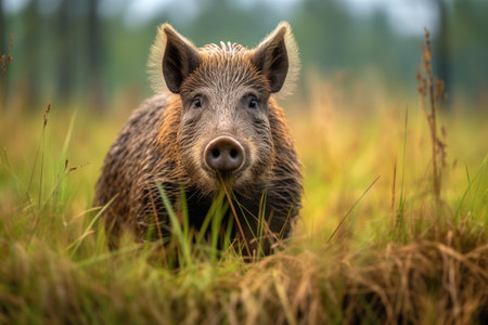 Wild Boar (Sus scrofa) on green grassの素材