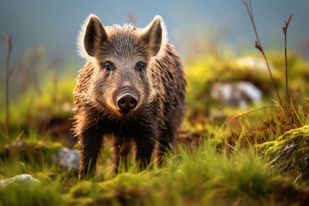 Wild Boar (Sus scrofa) on green grassの素材