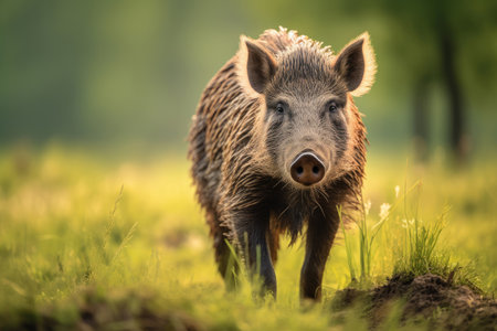 Wild Boar (Sus scrofa) on green grassの素材