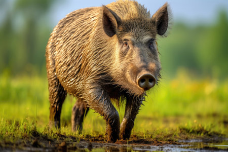 Wild Boar (Sus scrofa) on green grassの素材