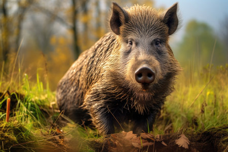 Wild Boar (Sus scrofa) on green grassの素材
