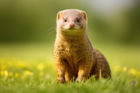 Common dwarf mongoose on green grass in the wildの素材