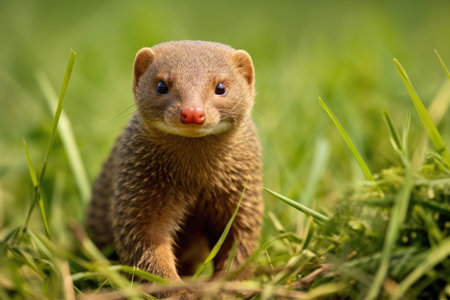 Common dwarf mongoose on green grass in the wildの素材