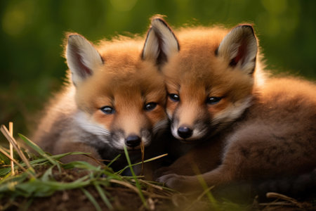 Wild red fox cubs next to each other on the green grassの素材