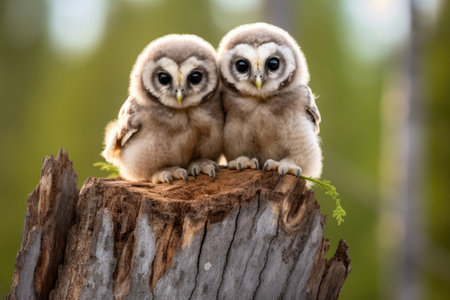 Boreal owl chicks next to each otherの素材