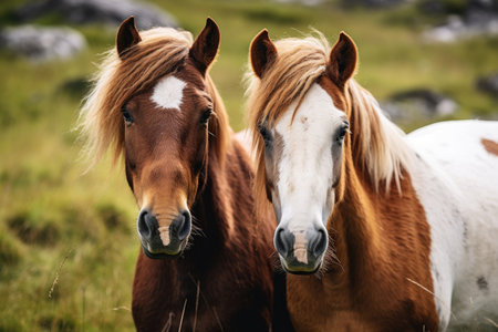 Close up of horses on green grassの素材